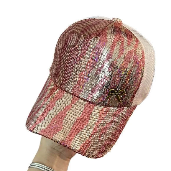 Accessories - Pink & Gold Sequin Animal Striped Gold Bow Cap